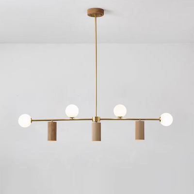 Contemporary Nordic Walnut Brass Glass Ball & Cylinder Spotlight 4-Light LED Chandelier Island Light For Dining Room