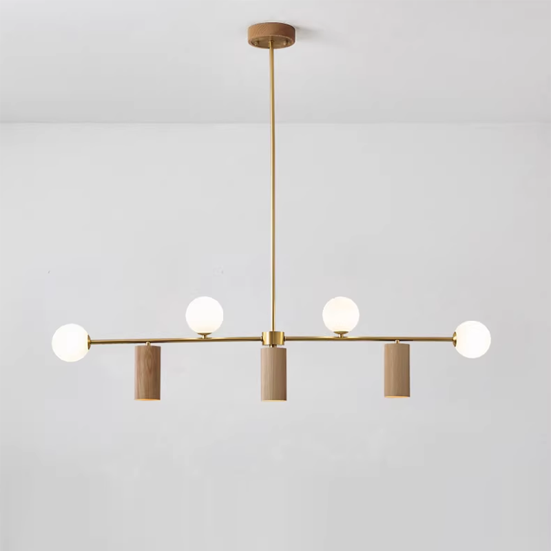 Contemporary Nordic Walnut Brass Glass Ball & Cylinder Spotlight 4-Light LED Chandelier Island Light For Dining Room