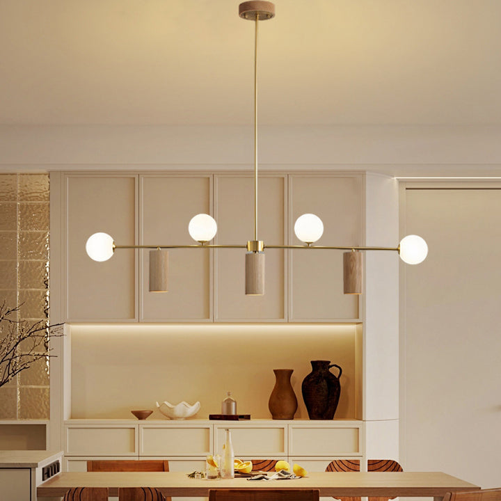 Zeitgenössischer nordischer Walnuss-Messing-Glas-Kugel- & Zylinder-Spotlight 4-Licht LED-Kronleuchter Insellicht für Esszimmer 