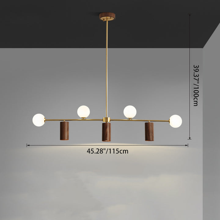 Contemporary Nordic Walnut Brass Glass Ball &amp; Cylinder Spotlight 4-Light LED Chandelier Island Light For Dining Room