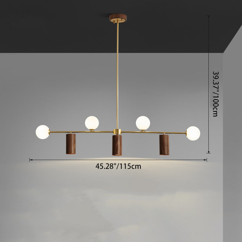 Contemporary Nordic Walnut Brass Glass Ball & Cylinder Spotlight 4-Light LED Chandelier Island Light For Dining Room
