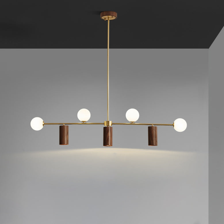 Contemporary Nordic Walnut Brass Glass Ball & Cylinder Spotlight 4-Light LED Chandelier Island Light For Dining Room