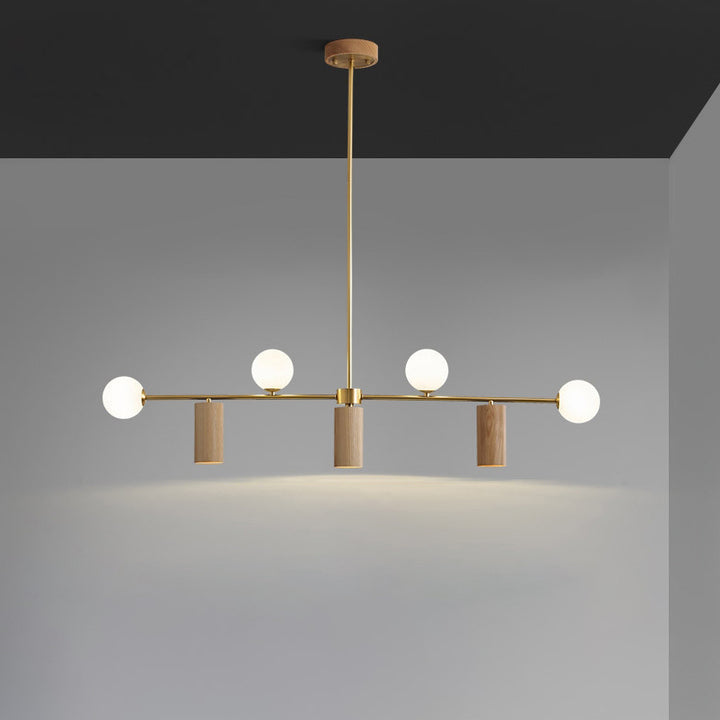 Zeitgenössischer nordischer Walnuss-Messing-Glas-Kugel- & Zylinder-Spotlight 4-Licht LED-Kronleuchter Insellicht für Esszimmer 