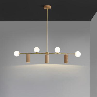 Contemporary Nordic Walnut Brass Glass Ball & Cylinder Spotlight 4-Light LED Chandelier Island Light For Dining Room
