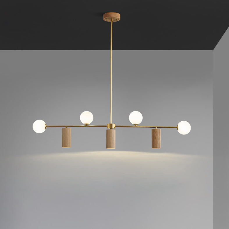Contemporary Nordic Walnut Brass Glass Ball & Cylinder Spotlight 4-Light LED Chandelier Island Light For Dining Room