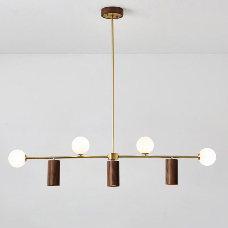 Contemporary Nordic Walnut Brass Glass Ball &amp; Cylinder Spotlight 4-Light LED Chandelier Island Light For Dining Room