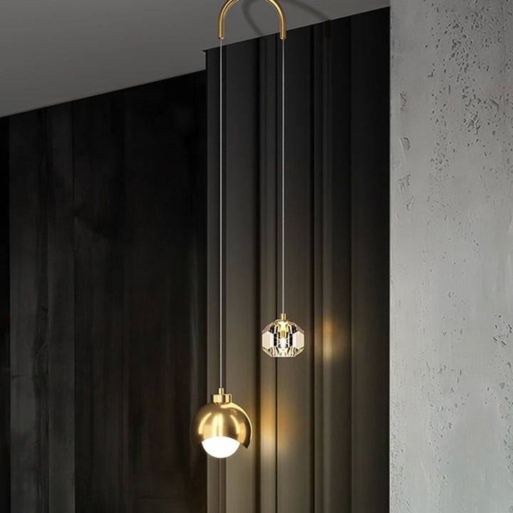 Lámpara Colgante Moderna de Lujo de Latón con Bola de Cristal de 2 Luces para Mesita de Noche y Comedor 