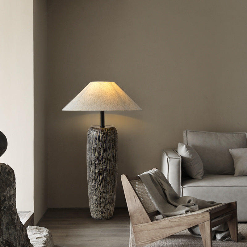 Traditional Japanese Ceramic Fabric Jar & Cone 1-Light Standing Floor Lamp For Living Room