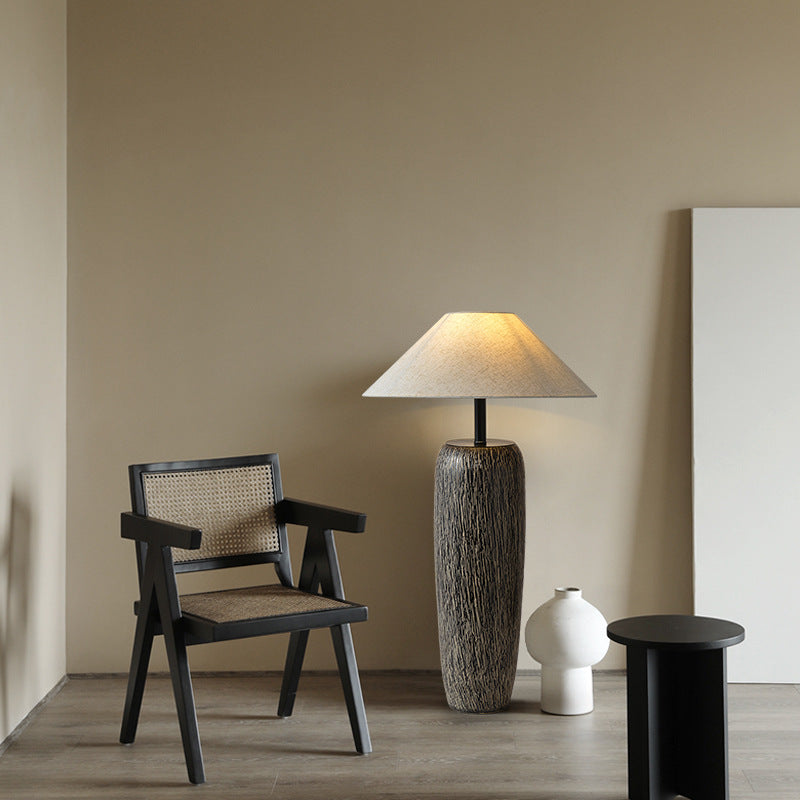 Traditional Japanese Ceramic Fabric Jar &amp; Cone 1-Light Standing Floor Lamp For Living Room