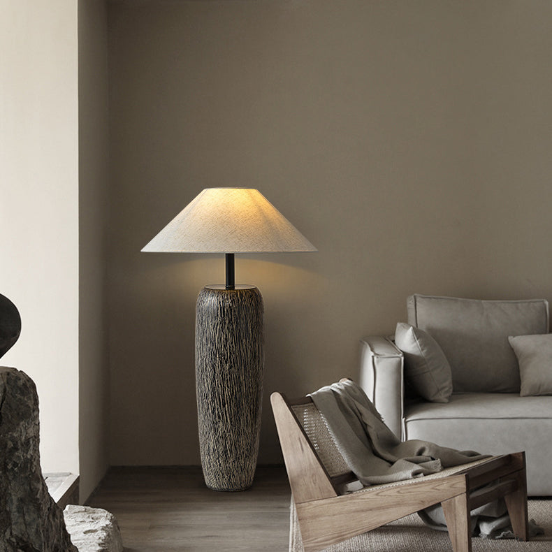 Traditional Japanese Ceramic Fabric Jar & Cone 1-Light Standing Floor Lamp For Living Room