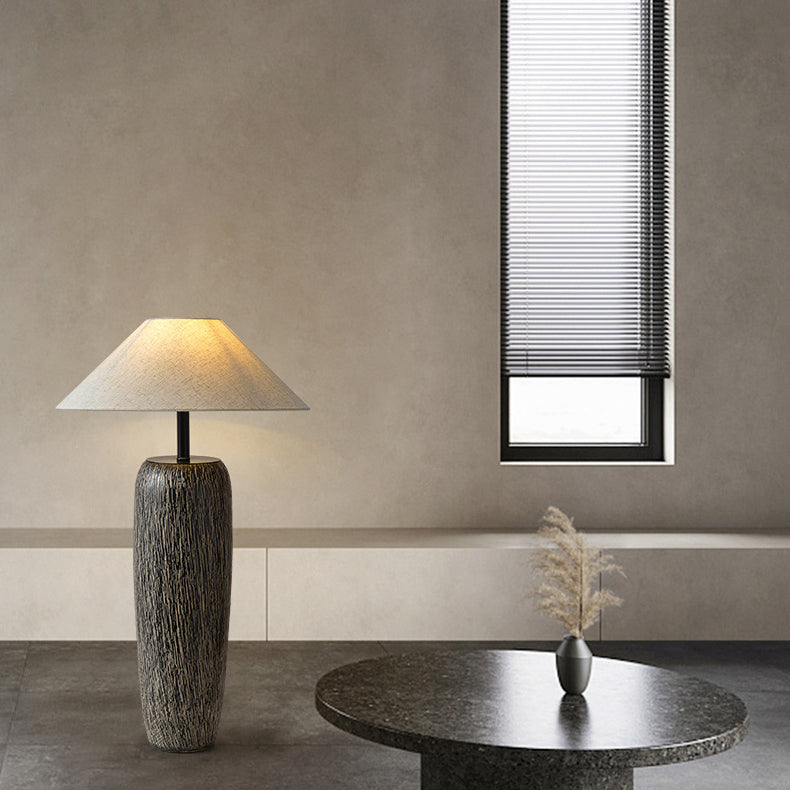 Traditional Japanese Ceramic Fabric Jar & Cone 1-Light Standing Floor Lamp For Living Room