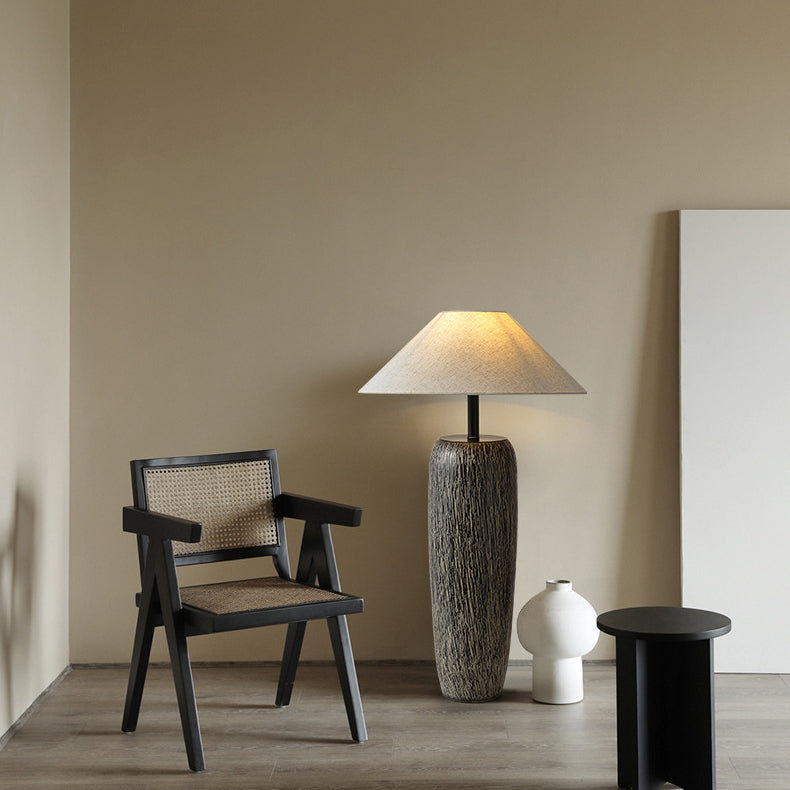 Traditional Japanese Ceramic Fabric Jar & Cone 1-Light Standing Floor Lamp For Living Room