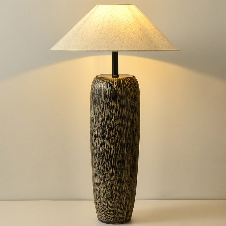 Traditional Japanese Ceramic Fabric Jar & Cone 1-Light Standing Floor Lamp For Living Room