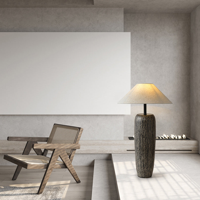 Traditional Japanese Ceramic Fabric Jar &amp; Cone 1-Light Standing Floor Lamp For Living Room