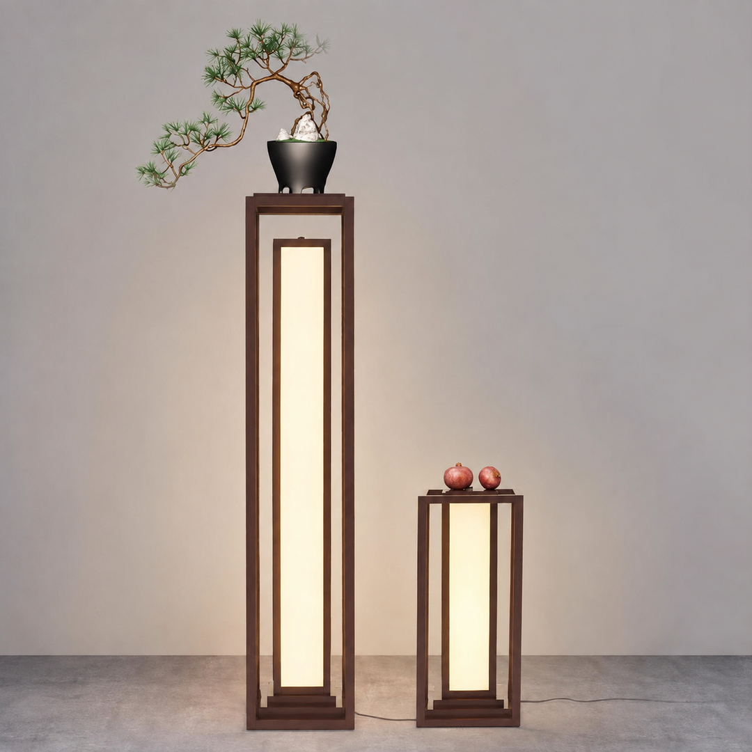 Traditional Japanese Ash Wood Fabric Cuboid LED Standing Floor Lamp For Living Room And Bedroom