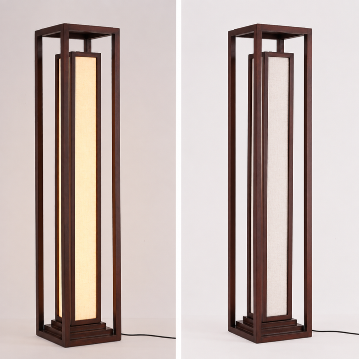 Traditional Japanese Ash Wood Fabric Cuboid LED Standing Floor Lamp For Living Room And Bedroom