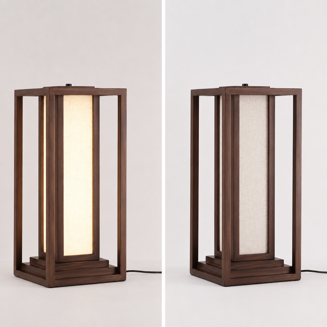 Traditional Japanese Ash Wood Fabric Cuboid LED Standing Floor Lamp For Living Room And Bedroom