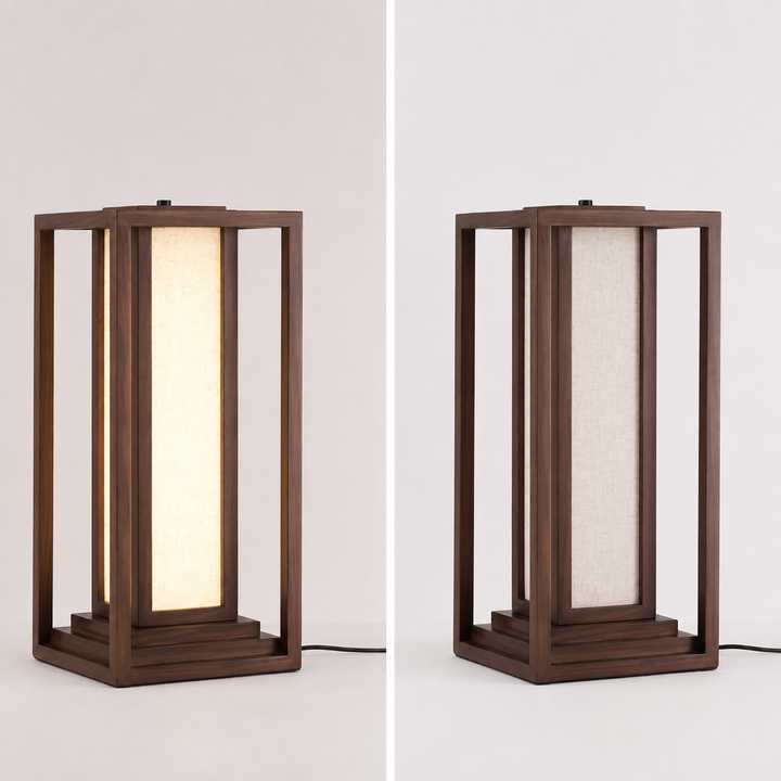 Traditional Japanese Ash Wood Fabric Cuboid LED Standing Floor Lamp For Living Room And Bedroom