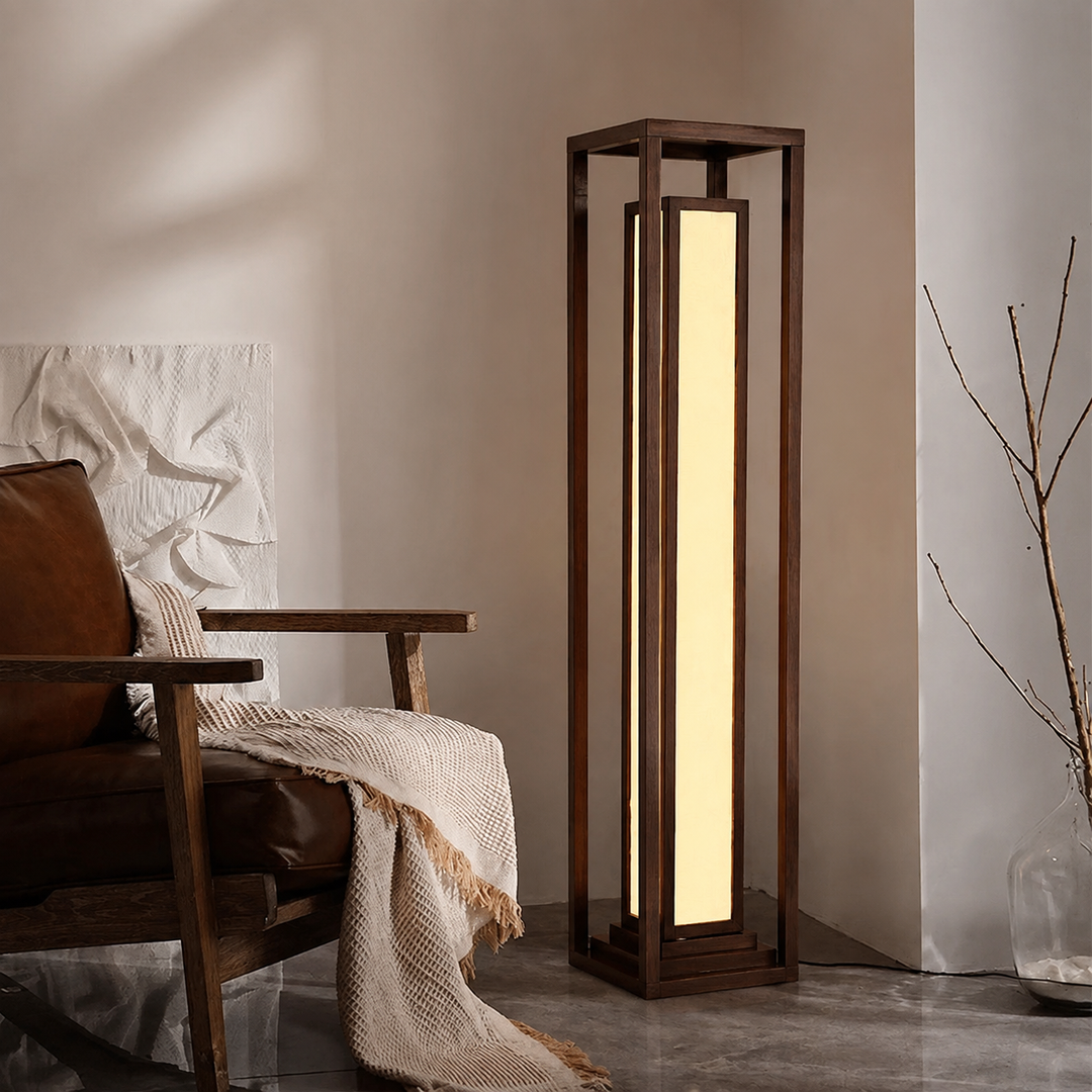 Traditional Japanese Ash Wood Fabric Cuboid LED Standing Floor Lamp For Living Room And Bedroom
