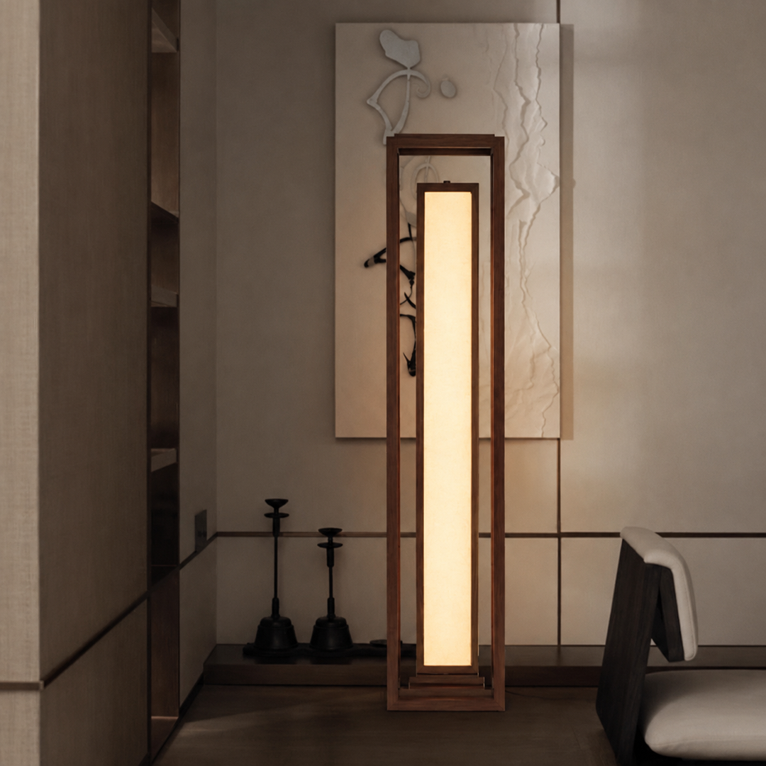 Traditional Japanese Ash Wood Fabric Cuboid LED Standing Floor Lamp For Living Room And Bedroom