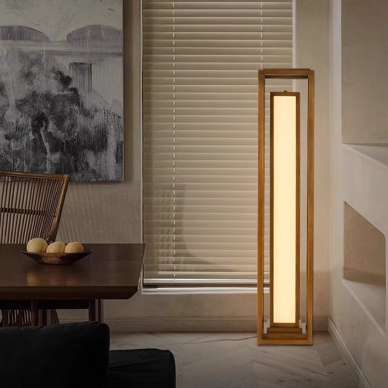 Traditionelle japanische LED-Stehlampe aus Eschenholz im Kubus-Design für Wohnzimmer und Schlafzimmer 
