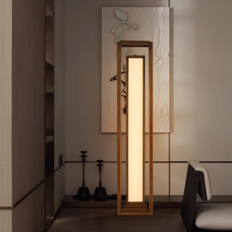 Traditionelle japanische LED-Stehlampe aus Eschenholz im Kubus-Design für Wohnzimmer und Schlafzimmer 