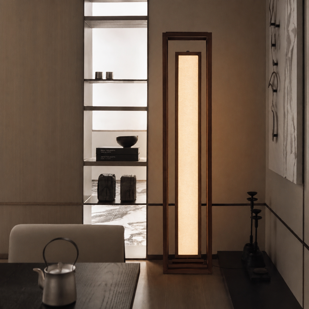 Traditional Japanese Ash Wood Fabric Cuboid LED Standing Floor Lamp For Living Room And Bedroom