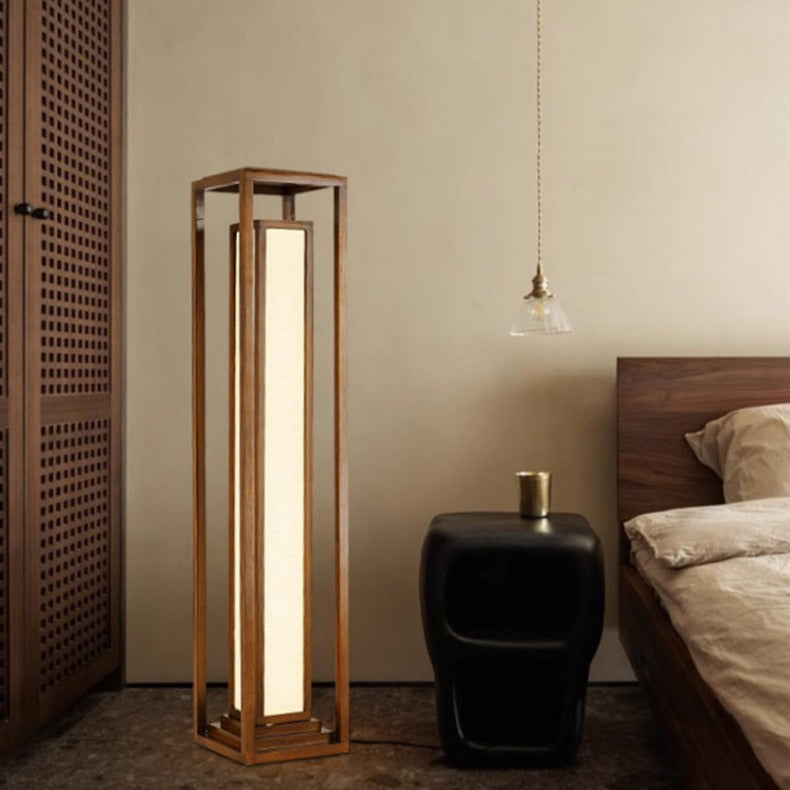 Traditionelle japanische LED-Stehlampe aus Eschenholz im Kubus-Design für Wohnzimmer und Schlafzimmer 