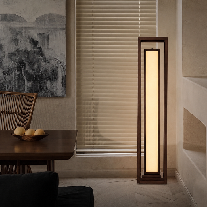 Traditional Japanese Ash Wood Fabric Cuboid LED Standing Floor Lamp For Living Room And Bedroom