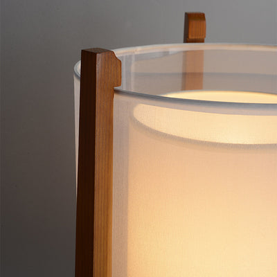 Traditional Japanese Fabric Solid Ash Wood & Brass Cylindrical 1-Light Standing Floor Lamp For Living Room And Bedroom