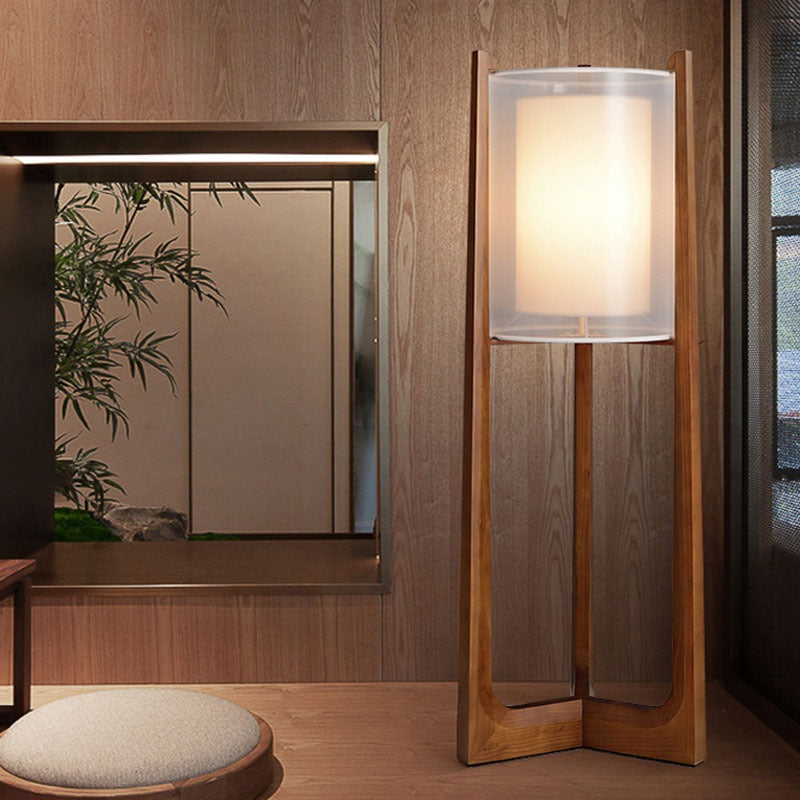 Traditional Japanese Fabric Solid Ash Wood & Brass Cylindrical 1-Light Standing Floor Lamp For Living Room And Bedroom