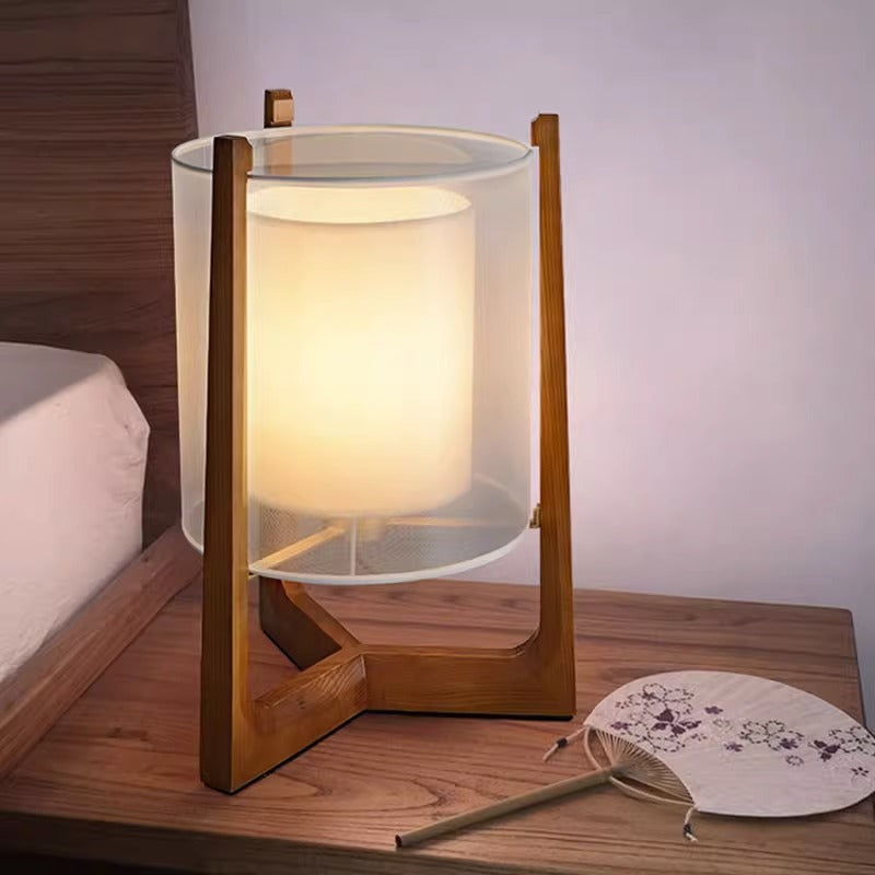 Traditional Japanese Fabric Solid Ash Wood & Brass Cylindrical 1-Light Standing Floor Lamp For Living Room And Bedroom