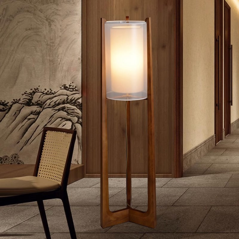 Traditional Japanese Fabric Solid Ash Wood & Brass Cylindrical 1-Light Standing Floor Lamp For Living Room And Bedroom