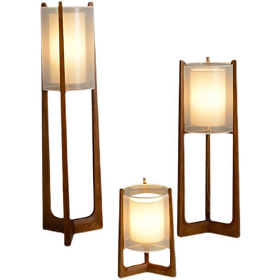 Traditional Japanese Fabric Solid Ash Wood & Brass Cylindrical 1-Light Standing Floor Lamp For Living Room And Bedroom