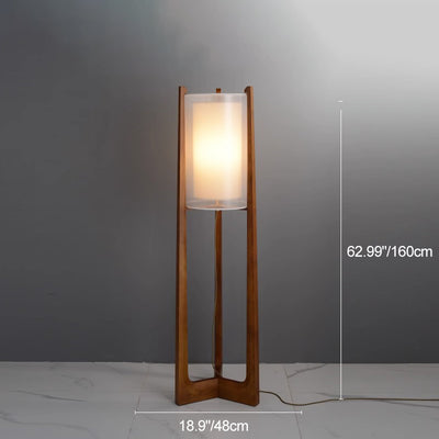 Traditional Japanese Fabric Solid Ash Wood & Brass Cylindrical 1-Light Standing Floor Lamp For Living Room And Bedroom