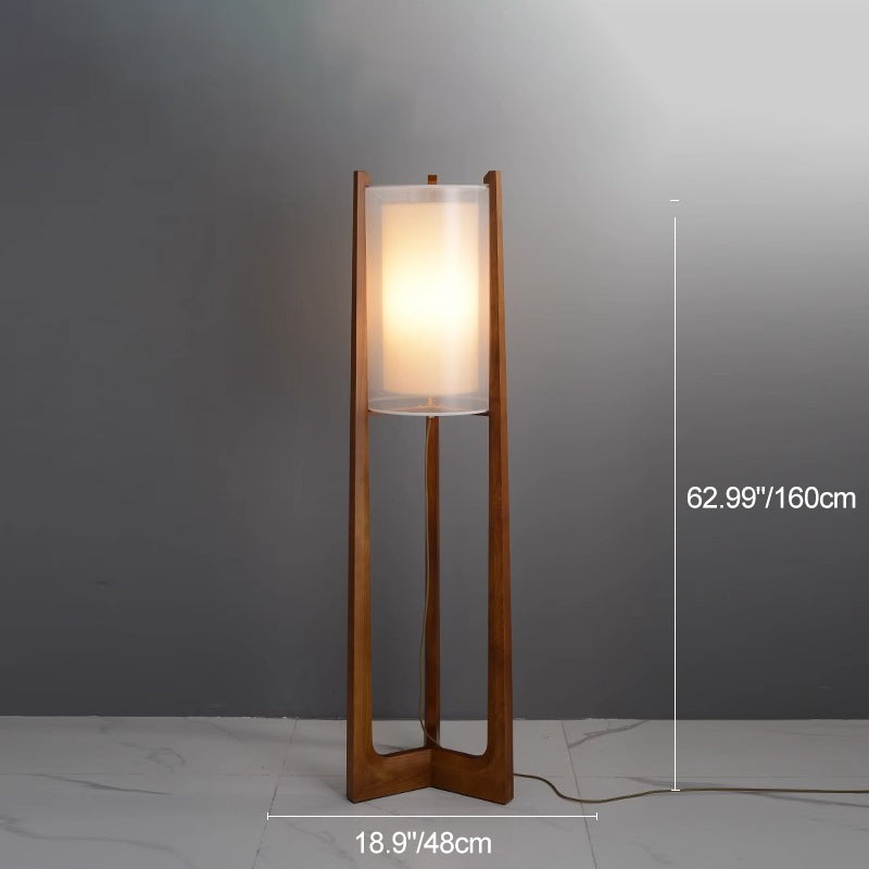 Traditional Japanese Fabric Solid Ash Wood & Brass Cylindrical 1-Light Standing Floor Lamp For Living Room And Bedroom