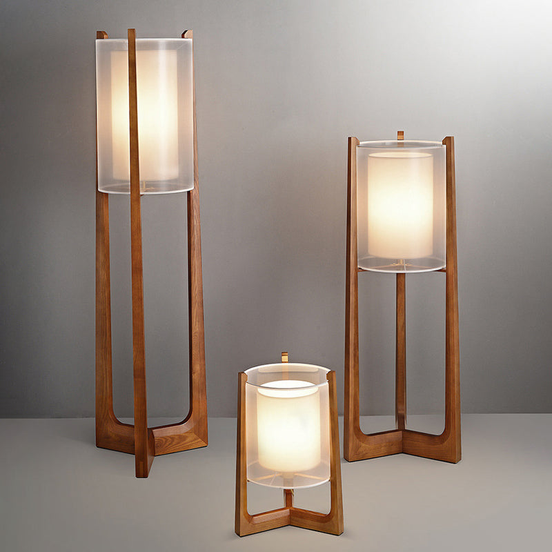 Traditional Japanese Fabric Solid Ash Wood & Brass Cylindrical 1-Light Standing Floor Lamp For Living Room And Bedroom