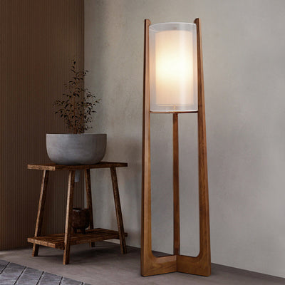Traditional Japanese Fabric Solid Ash Wood & Brass Cylindrical 1-Light Standing Floor Lamp For Living Room And Bedroom
