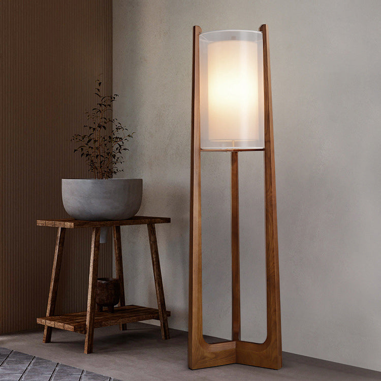 Traditional Japanese Fabric Solid Ash Wood & Brass Cylindrical 1-Light Standing Floor Lamp For Living Room And Bedroom