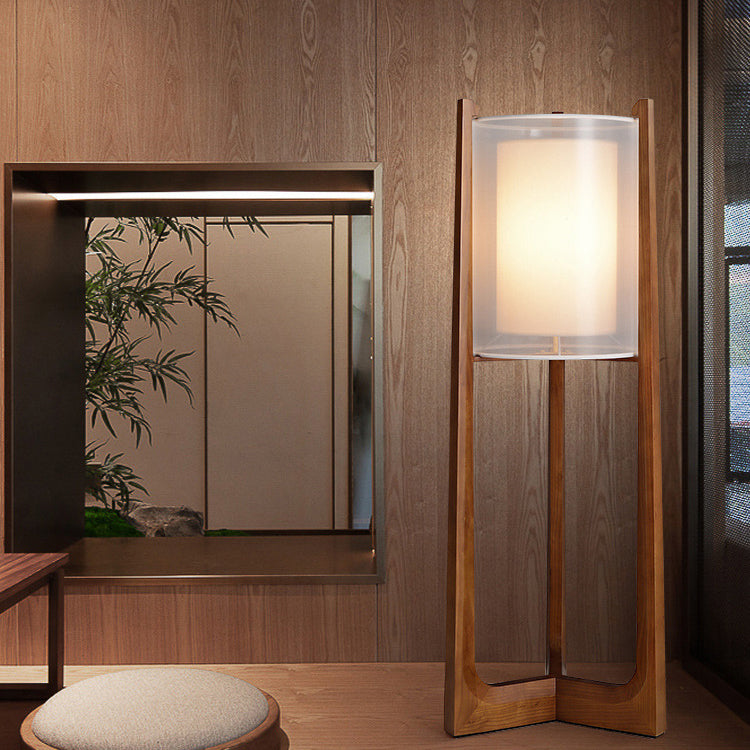 Traditional Japanese Fabric Solid Ash Wood & Brass Cylindrical 1-Light Standing Floor Lamp For Living Room And Bedroom