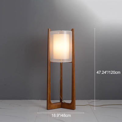 Traditional Japanese Fabric Solid Ash Wood & Brass Cylindrical 1-Light Standing Floor Lamp For Living Room And Bedroom