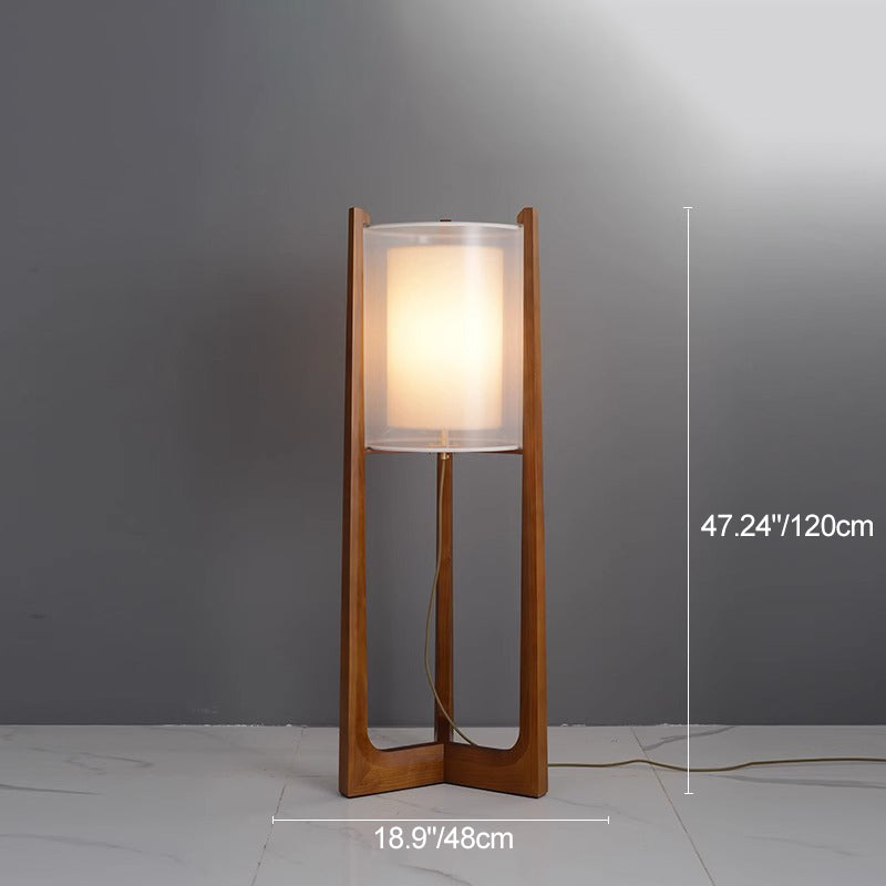 Traditional Japanese Fabric Solid Ash Wood & Brass Cylindrical 1-Light Standing Floor Lamp For Living Room And Bedroom