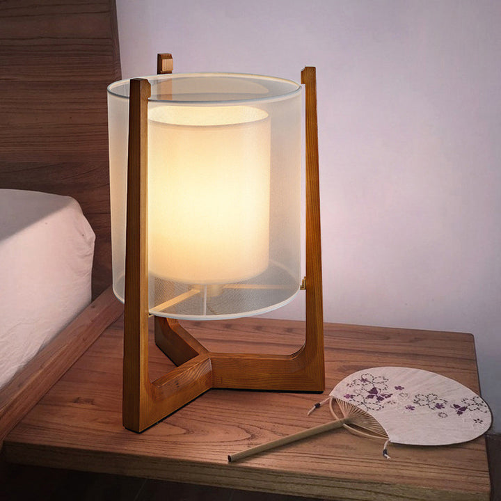 Traditional Japanese Fabric Solid Ash Wood & Brass Cylindrical 1-Light Standing Floor Lamp For Living Room And Bedroom