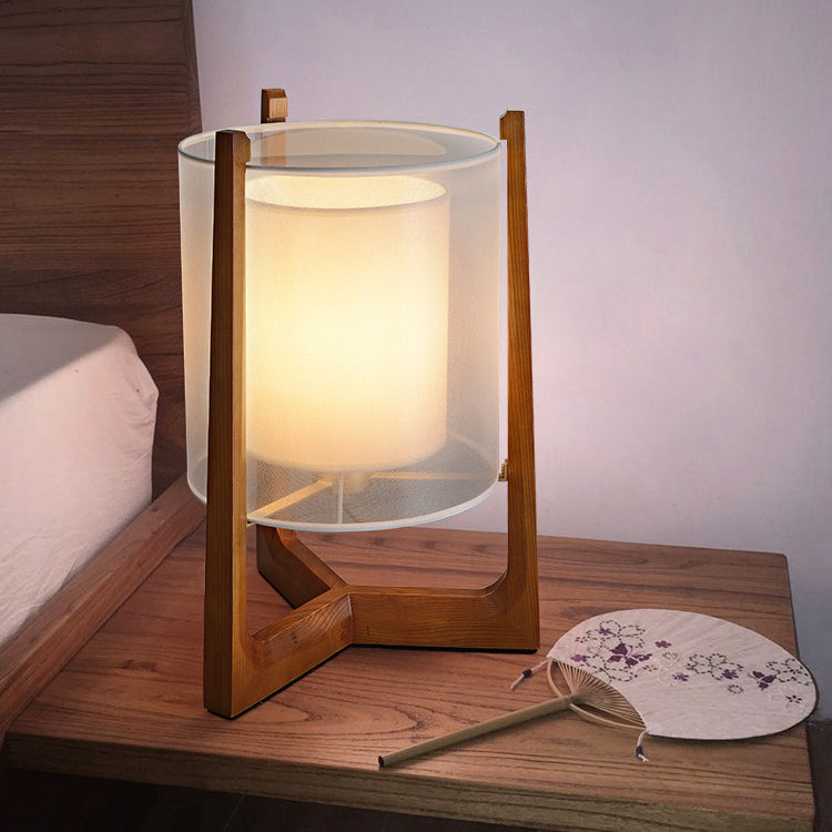 Traditional Japanese Fabric Solid Ash Wood & Brass Cylindrical 1-Light Standing Floor Lamp For Living Room And Bedroom