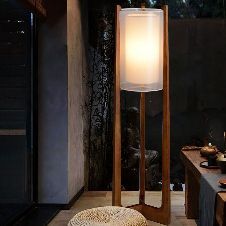Traditional Japanese Fabric Solid Ash Wood & Brass Cylindrical 1-Light Standing Floor Lamp For Living Room And Bedroom