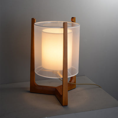 Traditional Japanese Fabric Solid Ash Wood & Brass Cylindrical 1-Light Standing Floor Lamp For Living Room And Bedroom