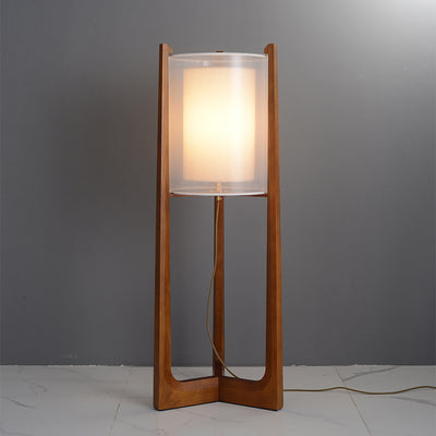 Traditional Japanese Fabric Solid Ash Wood & Brass Cylindrical 1-Light Standing Floor Lamp For Living Room And Bedroom