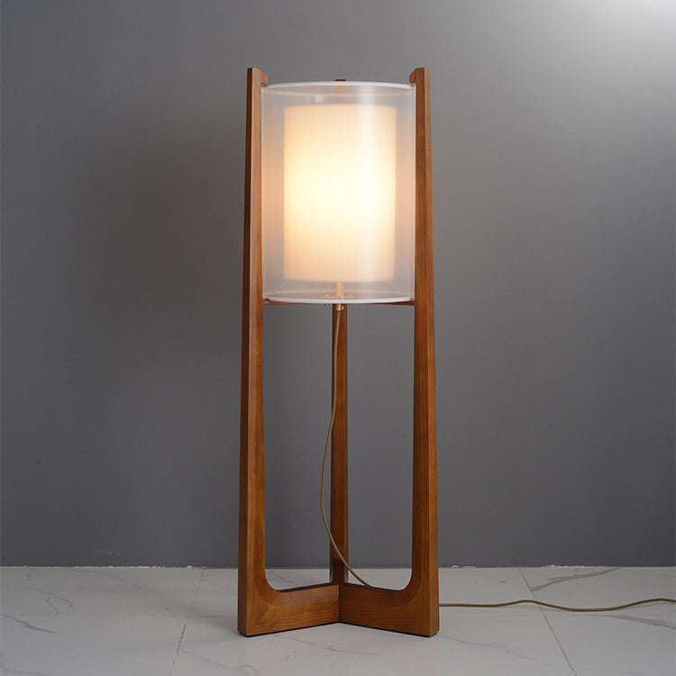 Traditional Japanese Fabric Solid Ash Wood & Brass Cylindrical 1-Light Standing Floor Lamp For Living Room And Bedroom