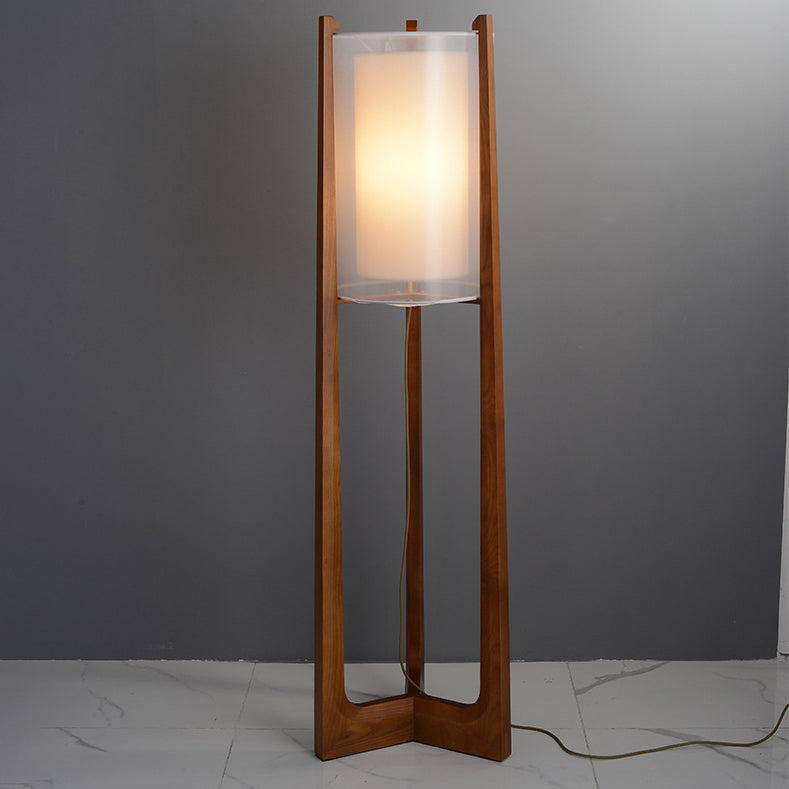 Traditional Japanese Fabric Solid Ash Wood & Brass Cylindrical 1-Light Standing Floor Lamp For Living Room And Bedroom