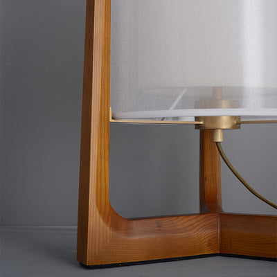 Traditional Japanese Fabric Solid Ash Wood & Brass Cylindrical 1-Light Standing Floor Lamp For Living Room And Bedroom